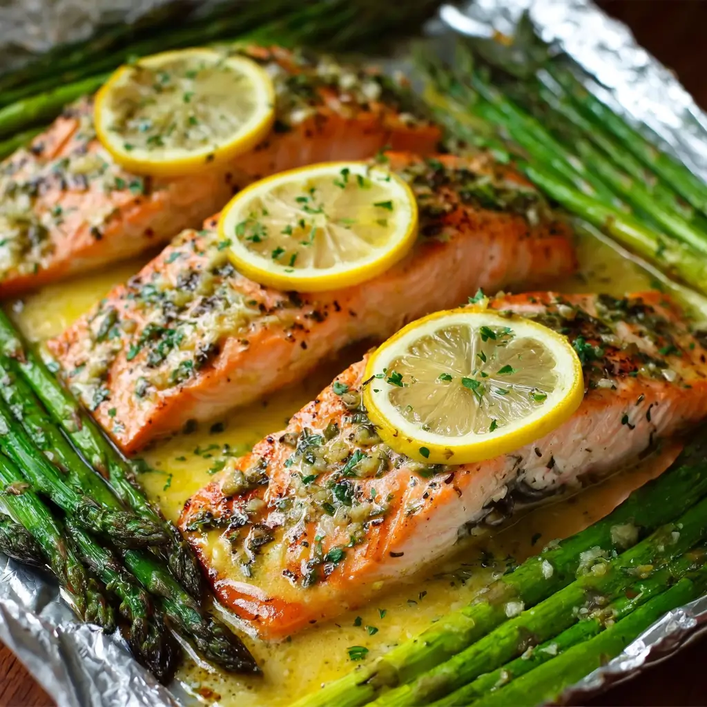 Baked-Salmon-in-Foil-with-Asparagus-and-Lemon-Garlic-Butter-Sauce-featured
