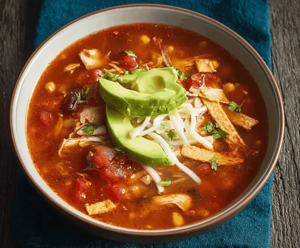 Delicious authentic chicken tortilla soup in a bowl garnished with fresh cilantro, shredded chicken, and crispy tortilla strips on top.