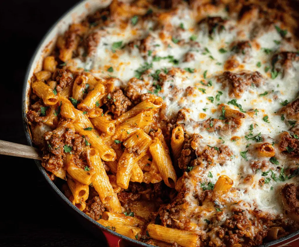 Delicious baked ziti with ground beef, melted cheese, and marinara sauce in a baking dish, perfect for a hearty dinner.