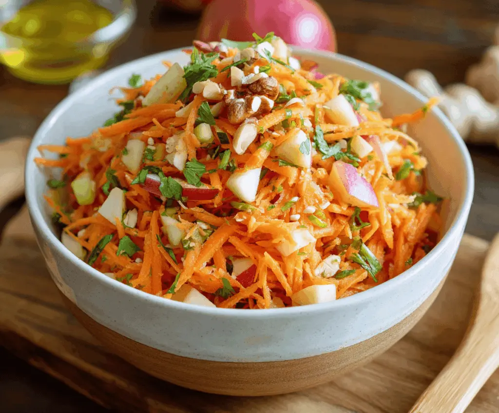 Colorful carrot and apple salad with fresh greens, walnuts, and a drizzle of honey, perfect for a healthy and vibrant meal.