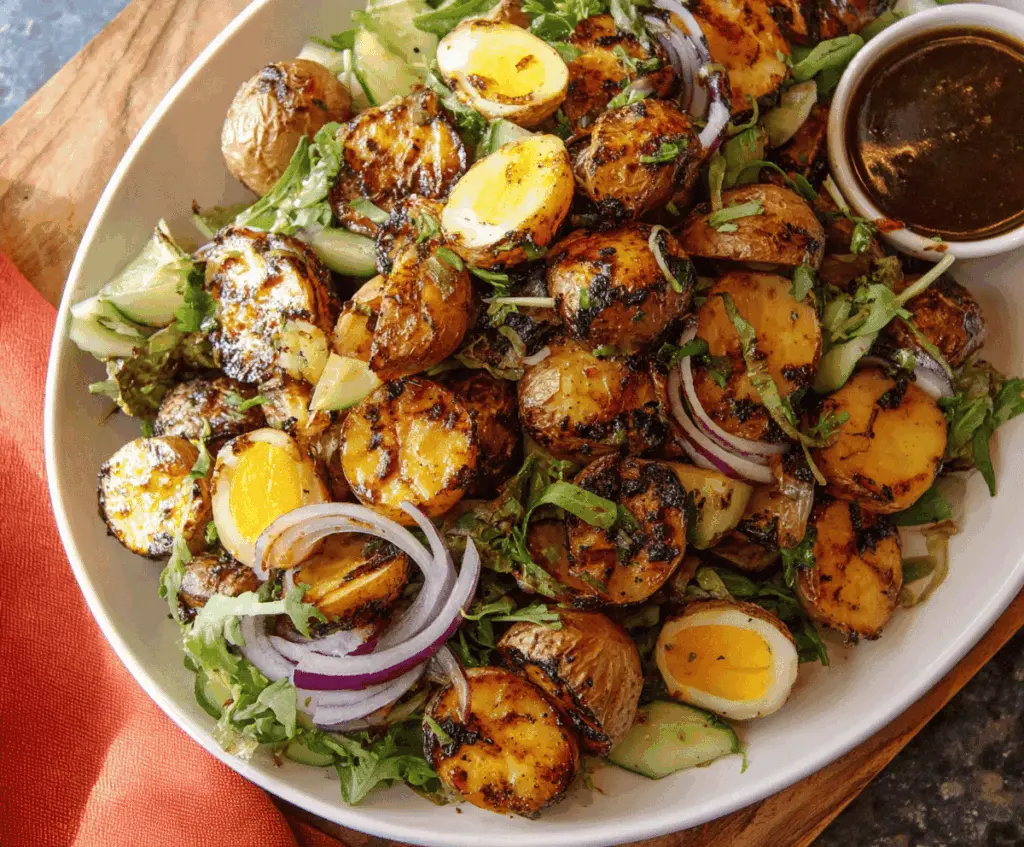 Creamy classic potato BBQ side salad with chopped potatoes, herbs, and a tangy dressing, perfect for outdoor cookouts and summer barbecues.