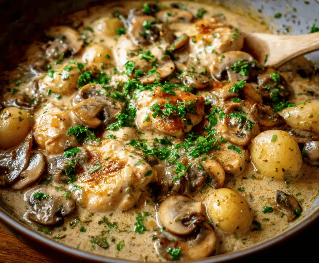 Creamy Chicken and Mushroom Stew in a bowl, garnished with fresh herbs, served with bread on a rustic wooden table