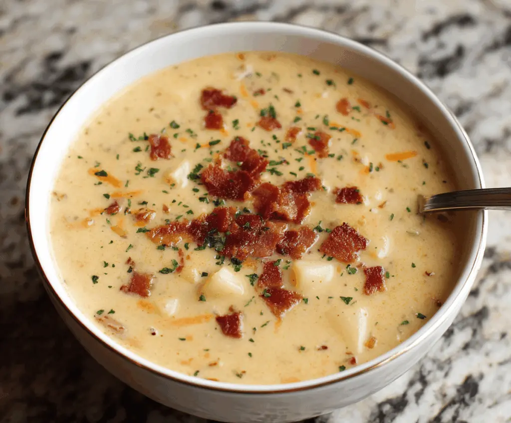 Creamy potato soup garnished with crispy bacon bits in a bowl, served with fresh herbs on a rustic wooden table.