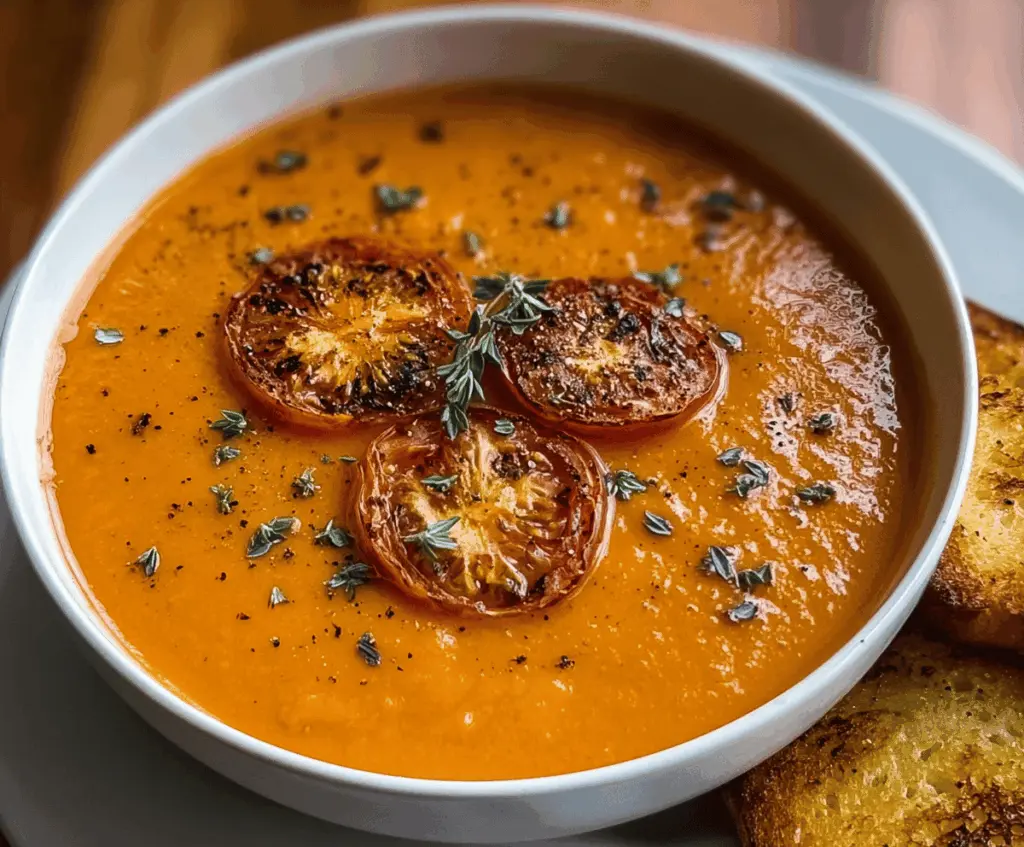 A bowl of creamy roasted garlic tomato soup garnished with fresh basil leaves, served with crusty bread on a rustic wooden table.