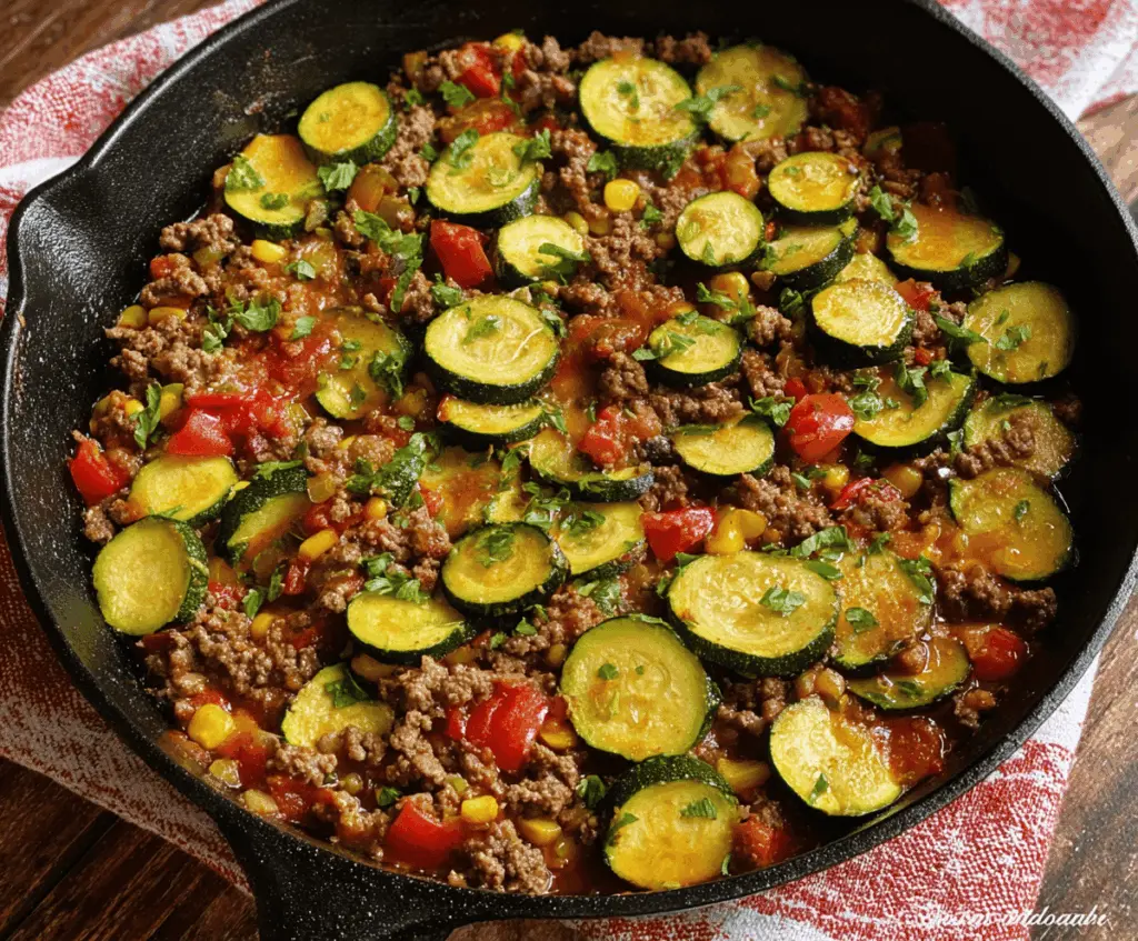Delicious ground beef and zucchini skillet dish in a skillet pan, featuring seasoned beef and fresh zucchini slices, perfect for a healthy meal.