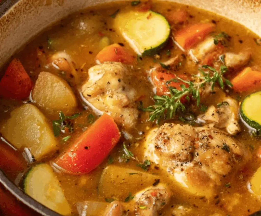 Hearty chicken stew with fresh vegetables and herbs in a rustic bowl, perfect for a warm, comforting meal