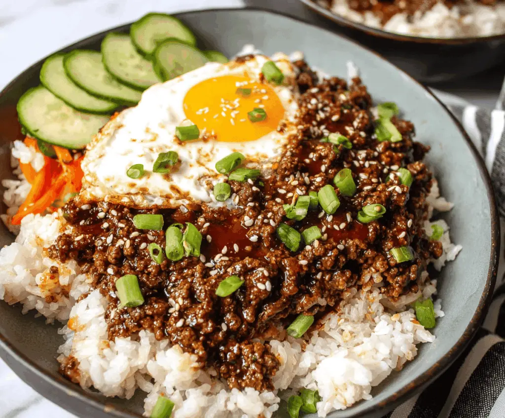 Delicious Korean Ground Beef Bowls served over rice with vegetables and garnished with sesame seeds and green onions