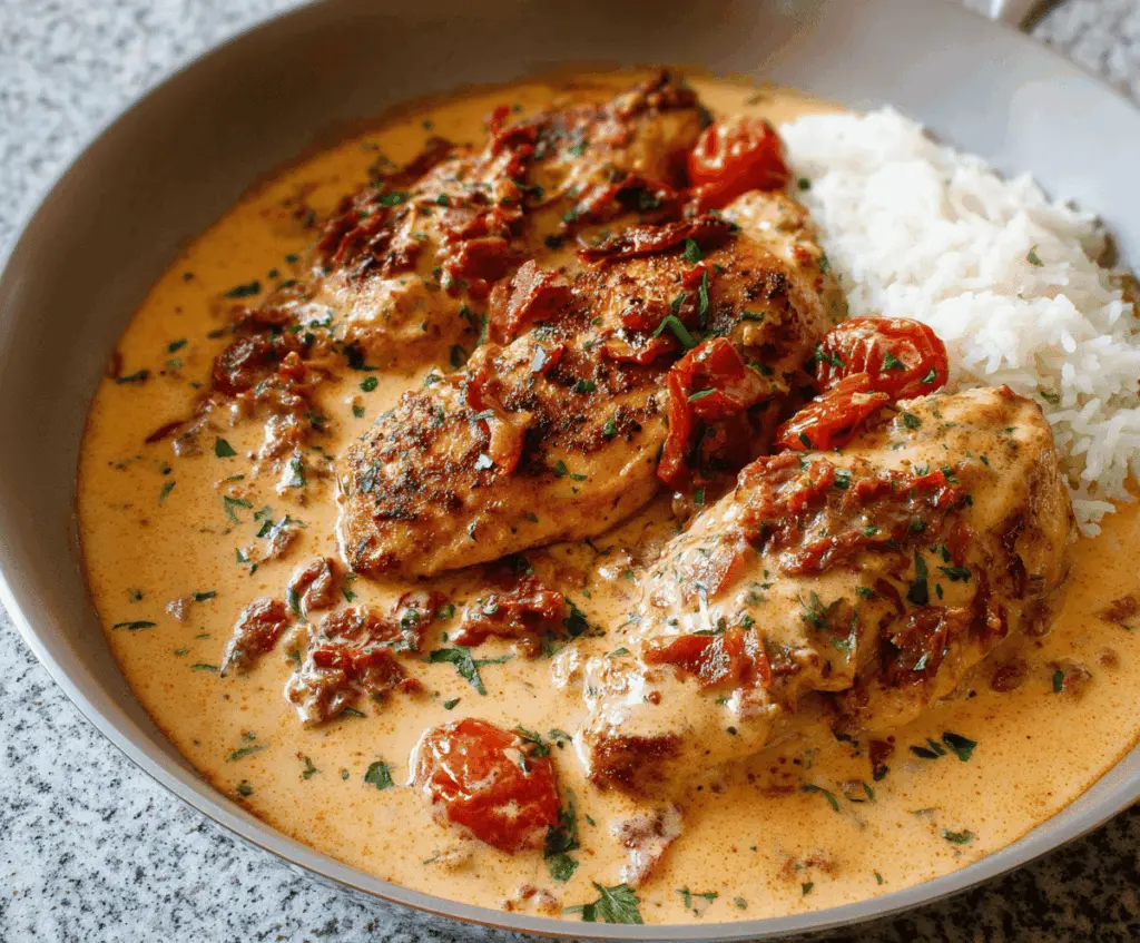 Delicious Marry Me Chicken topped with creamy sun-dried tomato sauce served on a plate, ready to enjoy
