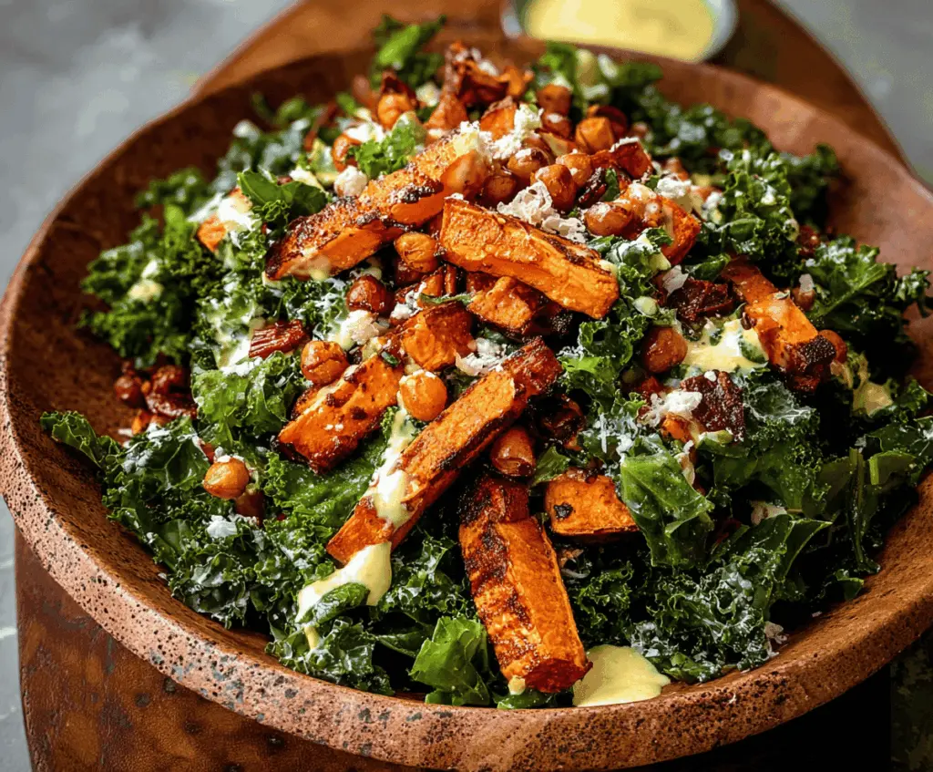 Colorful roasted sweet potato and fresh kale salad with crunchy toppings, perfect for a healthy and delicious meal.