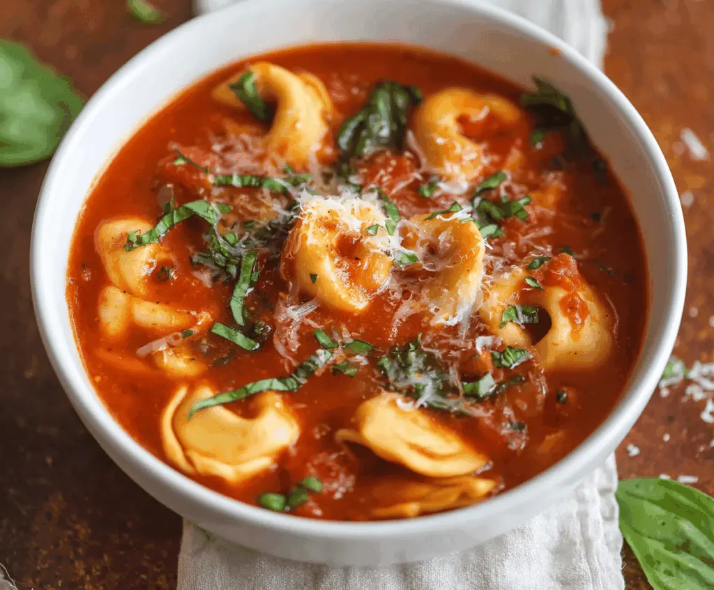 A bowl of creamy Slow Cooker Tomato Tortellini Soup garnished with fresh basil and grated Parmesan cheese, served with bread on the side.