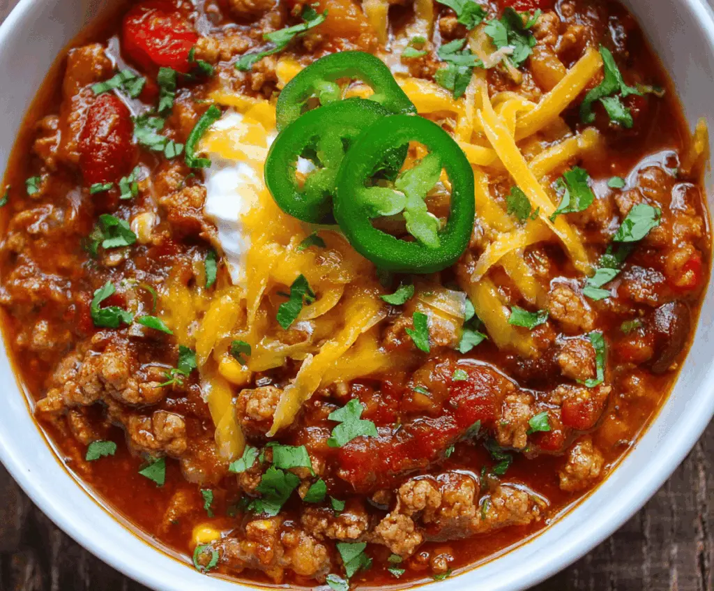 A bowl of hearty smoky chipotle turkey chili garnished with chopped cilantro and shredded cheese, served with a side of crusty bread.