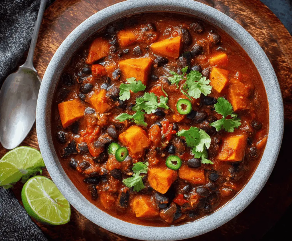 Hearty sweet potato and black bean chili topped with fresh cilantro in a bowl, served with cornbread on the side.