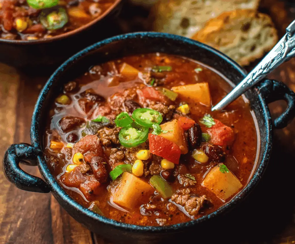 Hearty Texas Cowboy Stew with tender beef, vegetables, and savory spices served in a rustic bowl