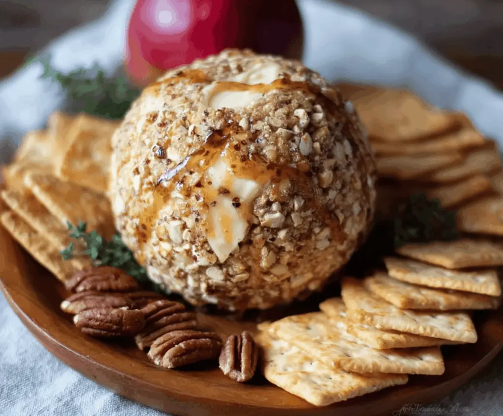 Creamy Apple Cider Cheese Ball garnished with chopped nuts and apple slices, perfect for fall gatherings and cheese platter spreads.