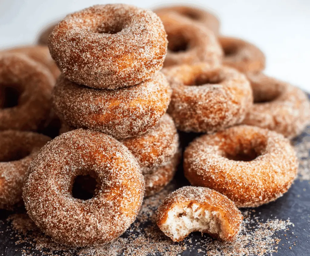 Delicious homemade apple cider donuts on a rustic plate, featuring a golden-brown exterior and a light dusting of cinnamon sugar, perfect for fall baking.
