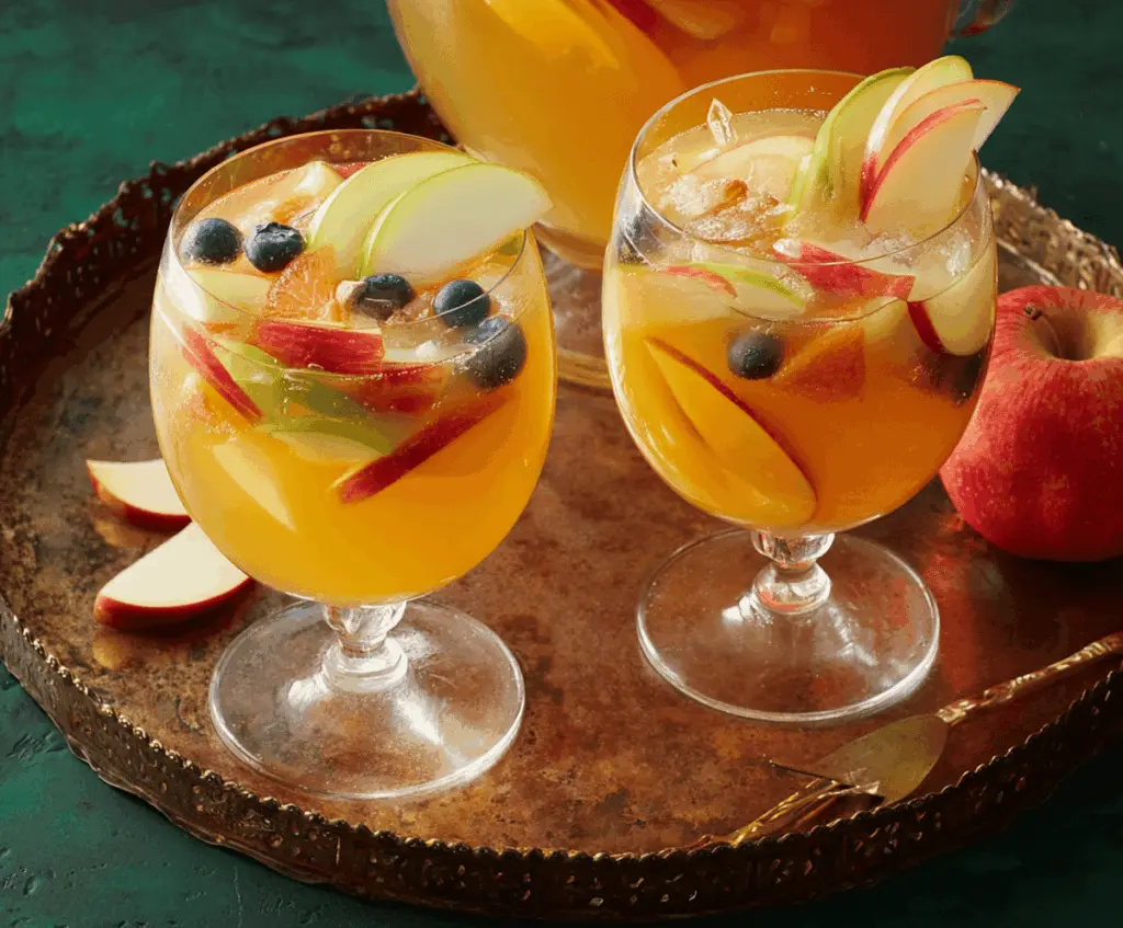 Refreshing Apple Cider Sangria with Fresh Fall Fruits in a glass pitcher, perfect for autumn gatherings