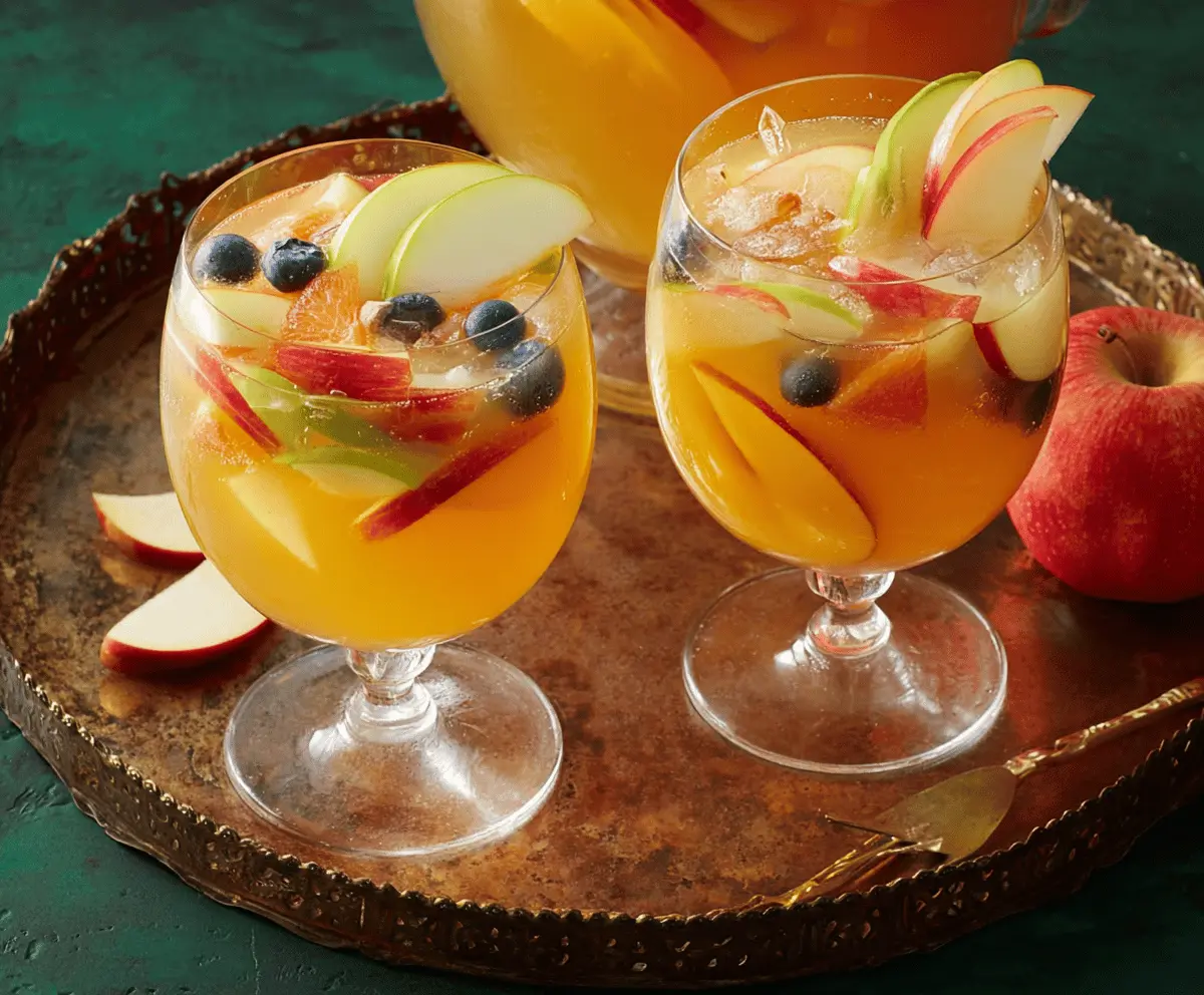 Refreshing Apple Cider Sangria with Fresh Fall Fruits in a glass pitcher, perfect for autumn gatherings