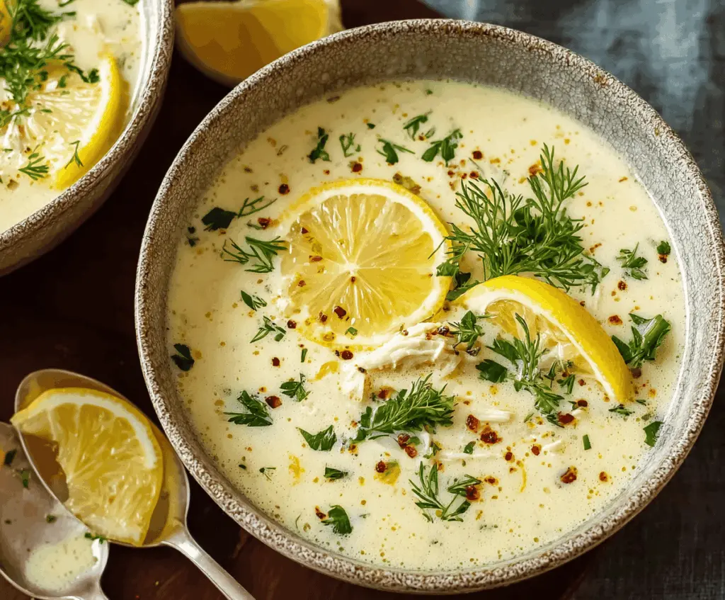 Creamy Greek Avgolemono Soup with lemon, chicken, and rice served in a bowl, garnished with fresh herbs