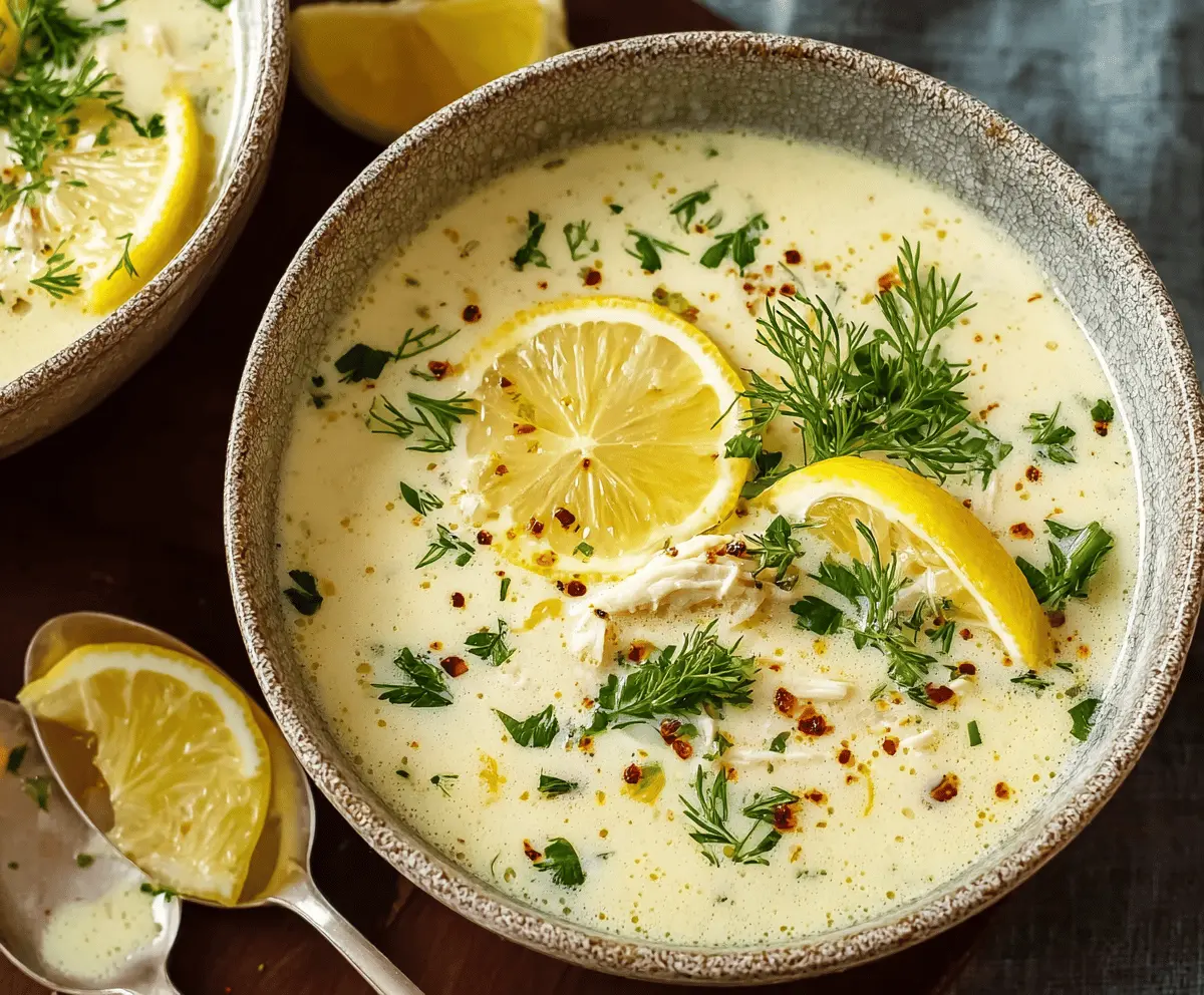 Creamy Greek Avgolemono Soup with lemon, chicken, and rice served in a bowl, garnished with fresh herbs