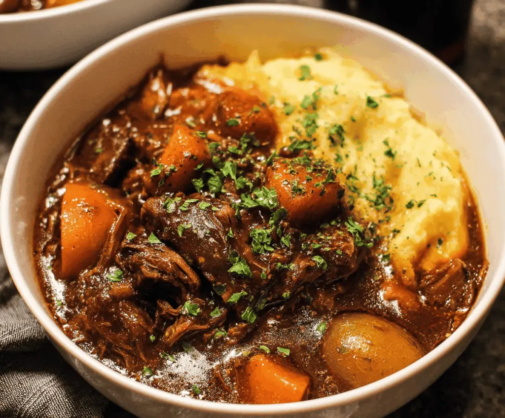 Hearty Beef and Guinness Stew with tender beef chunks, vegetables, and rich gravy served in a rustic bowl.
