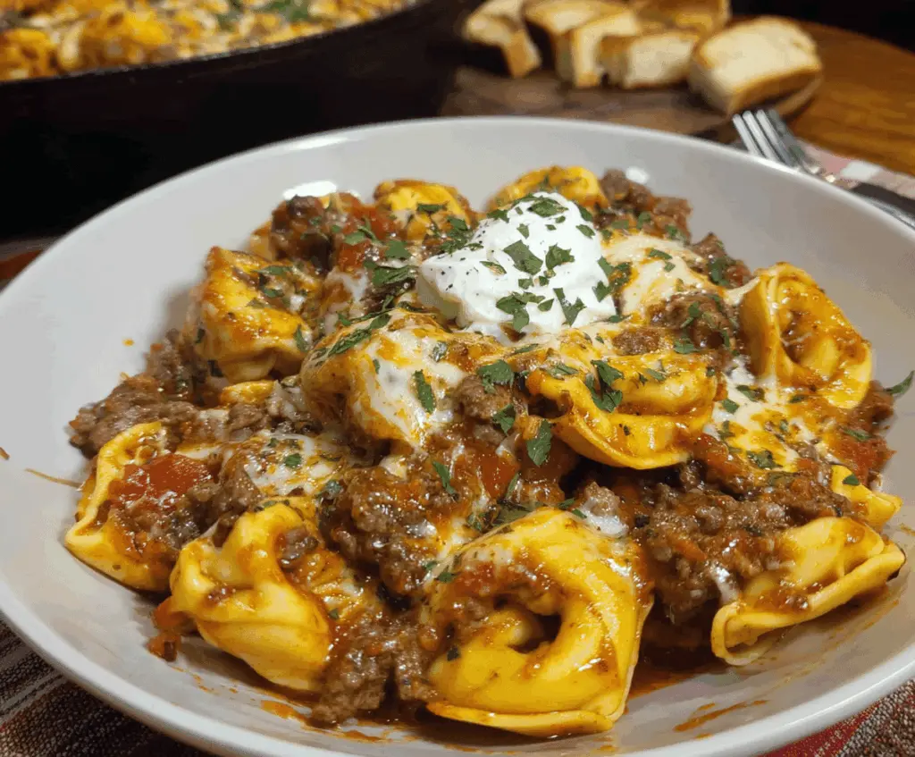 Delicious beef enchilada tortellini served on a plate with melted cheese and fresh herbs, perfect for a flavorful Mexican-inspired pasta dish.