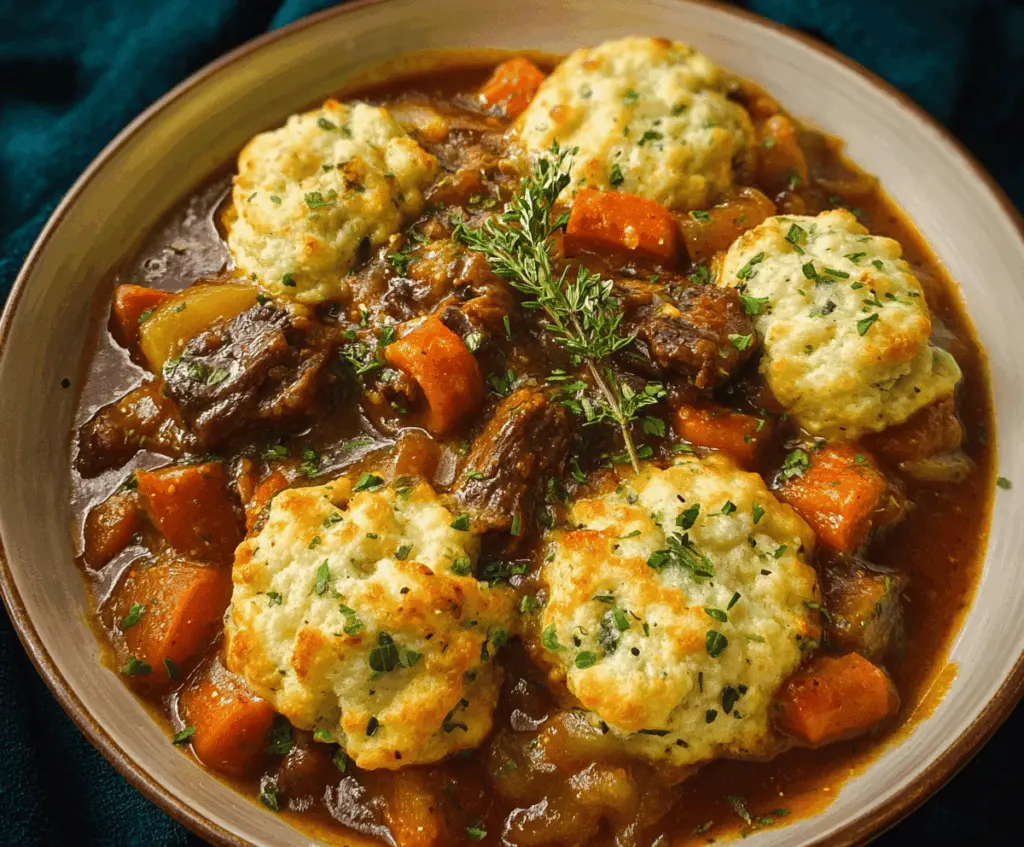 Hearty beef stew topped with golden cheddar herb dumplings, served in a rustic bowl for a comforting homemade meal.