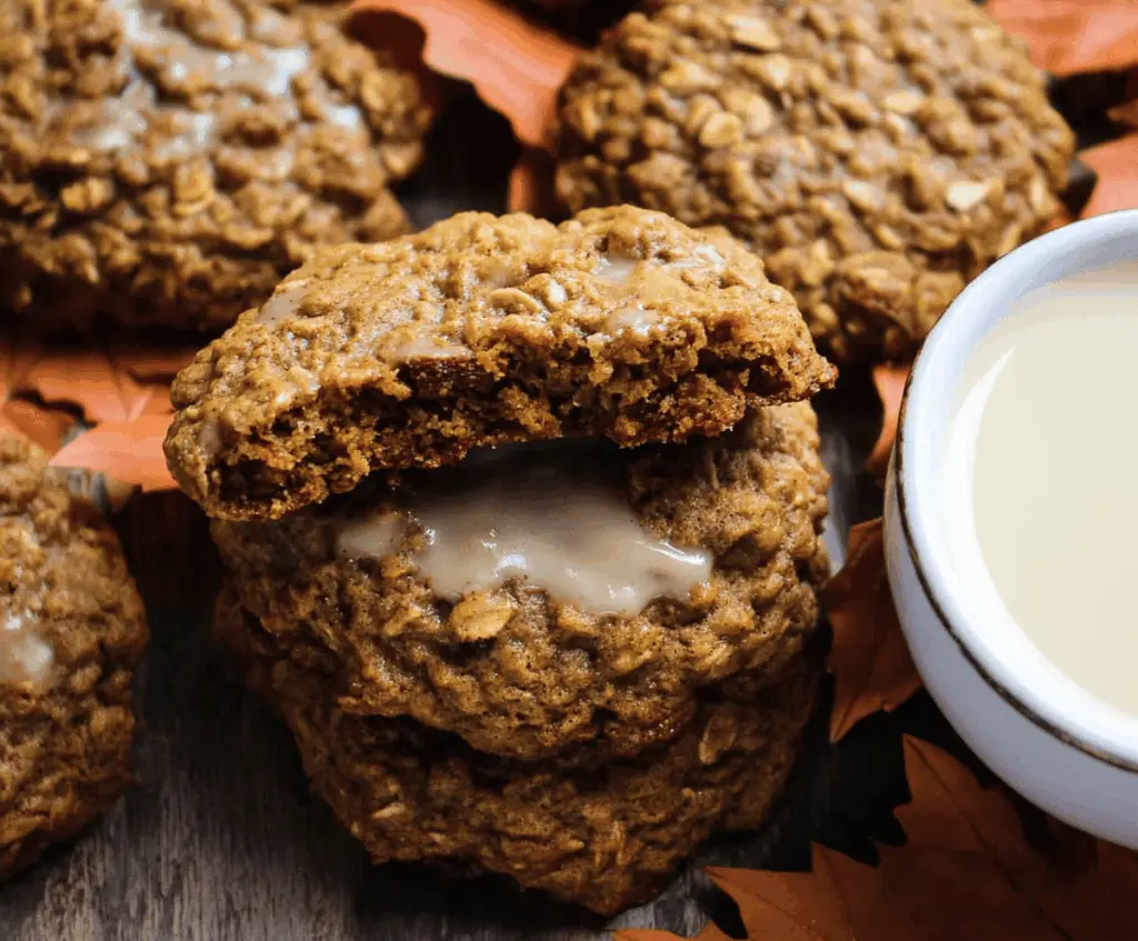 Golden-brown pumpkin oatmeal cookies with a crispy edge and soft center, featuring melted chocolate chips and a sprinkle of oats, perfect for fall-inspired snacking.