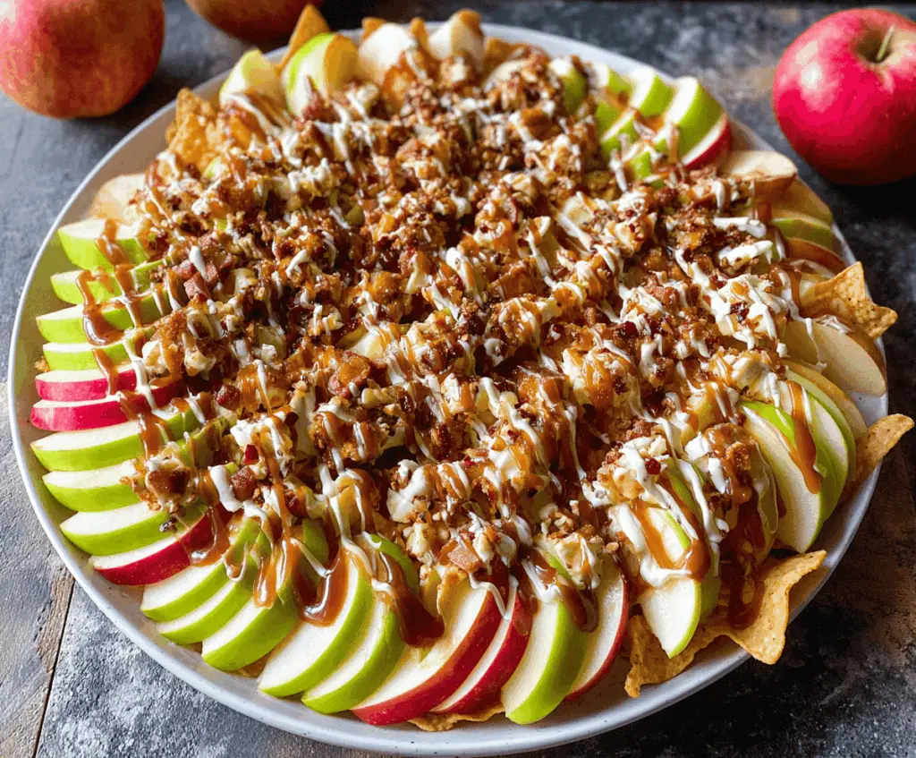 Delicious caramel apple nachos topped with sliced apples, caramel drizzle, and sprinkles, served on a plate perfect for a sweet snack or dessert