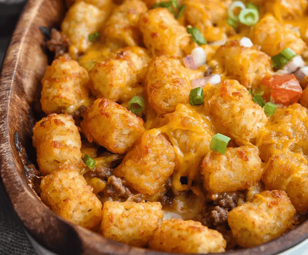 Delicious cheeseburger tater tot casserole topped with melted cheese and fresh green onions, served in a baking dish