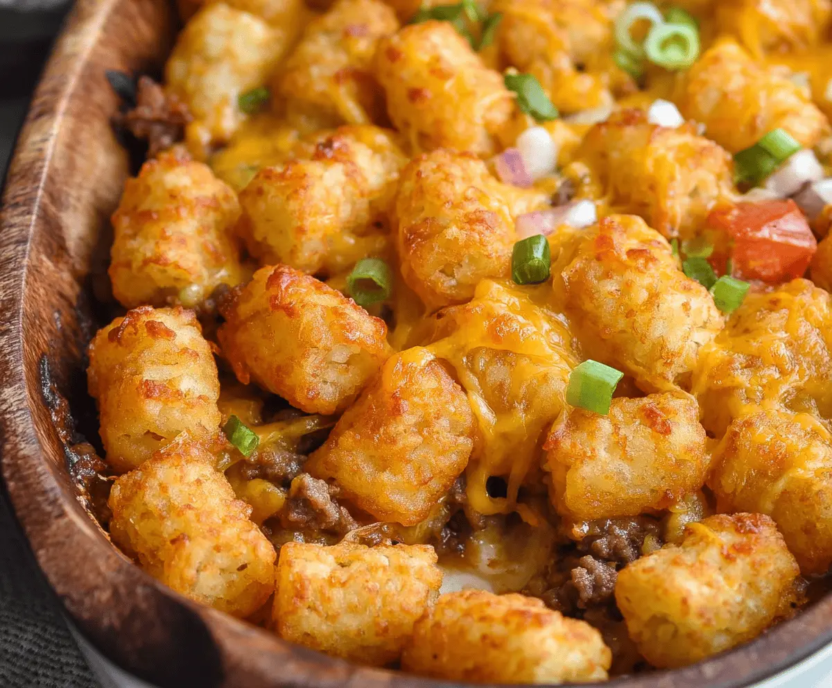 Delicious cheeseburger tater tot casserole topped with melted cheese and fresh green onions, served in a baking dish