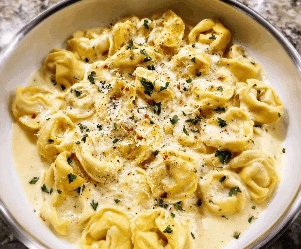 Creamy cheesy Alfredo tortellini pasta served in a bowl, garnished with fresh herbs and grated cheese, perfect for a comforting Italian meal.