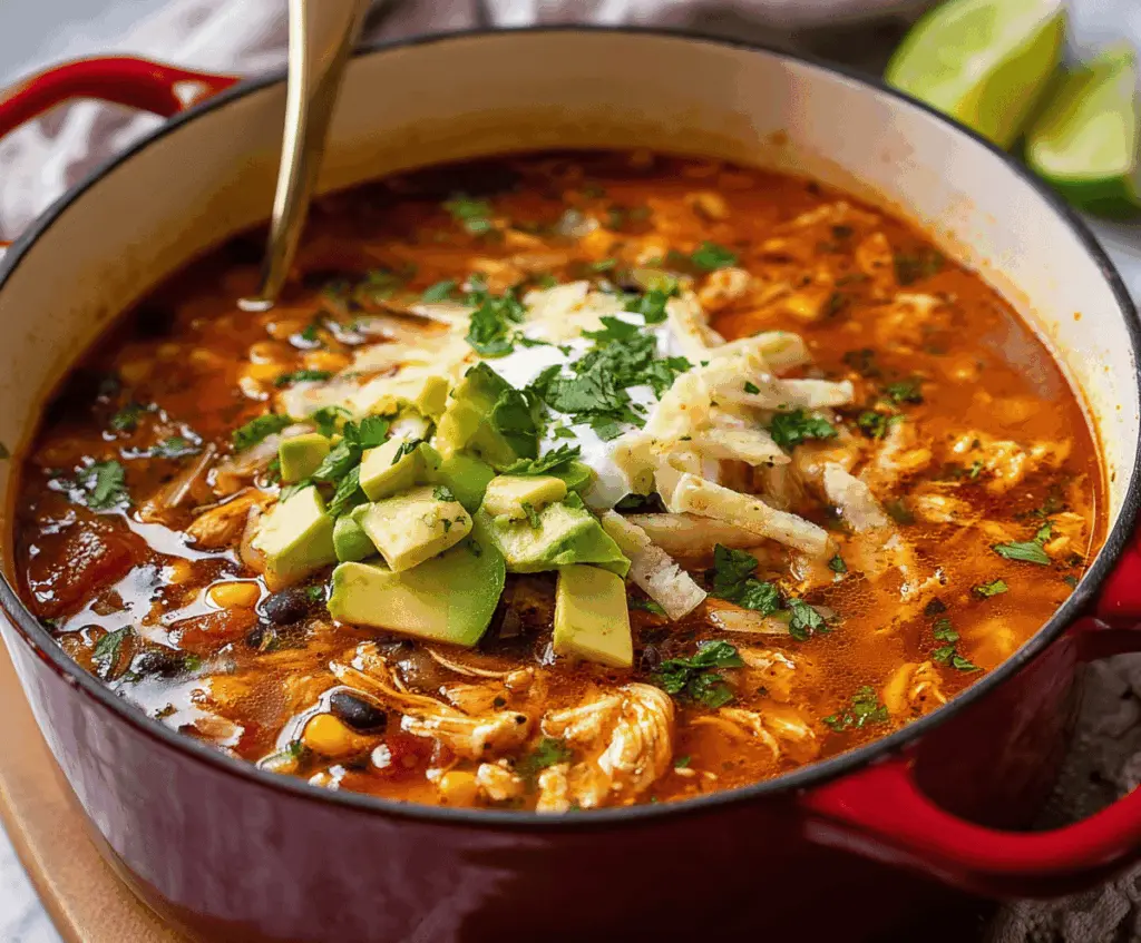 A bowl of flavorful chicken taco soup garnished with fresh cilantro, shredded cheese, and lime wedges, served with tortilla chips on the side.