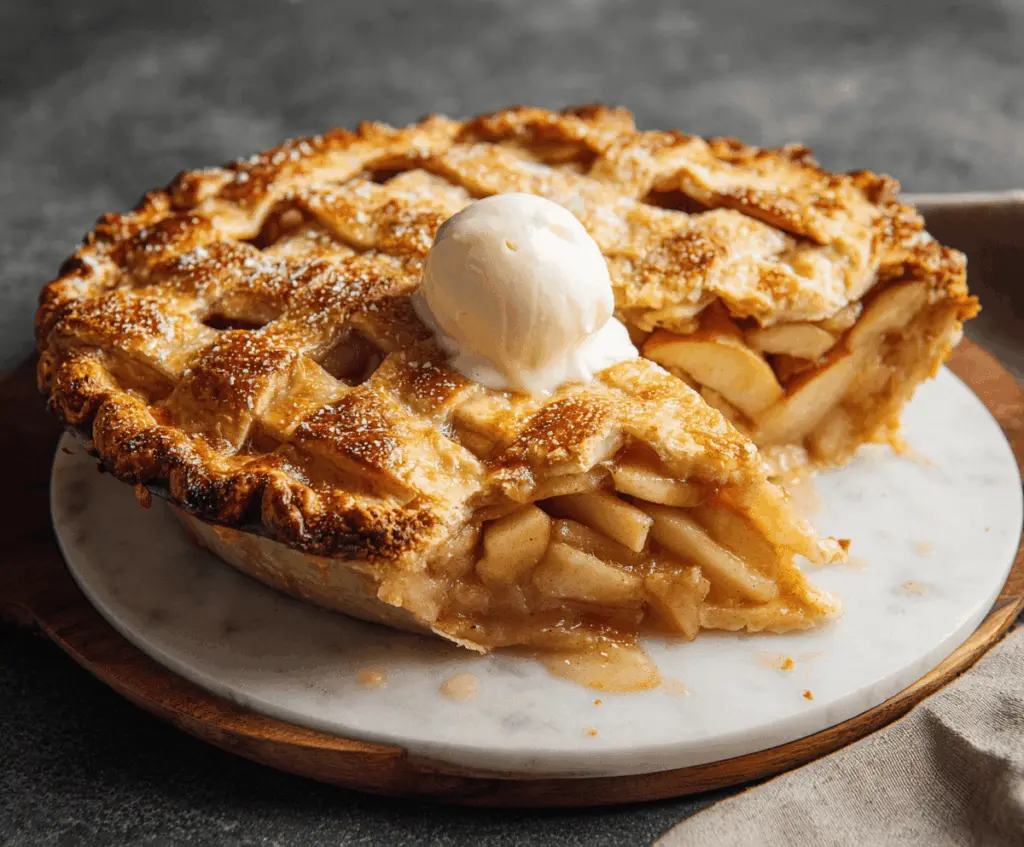 Delicious homemade classic apple pie with golden crust and cinnamon-spiced apple filling on a rustic wooden table