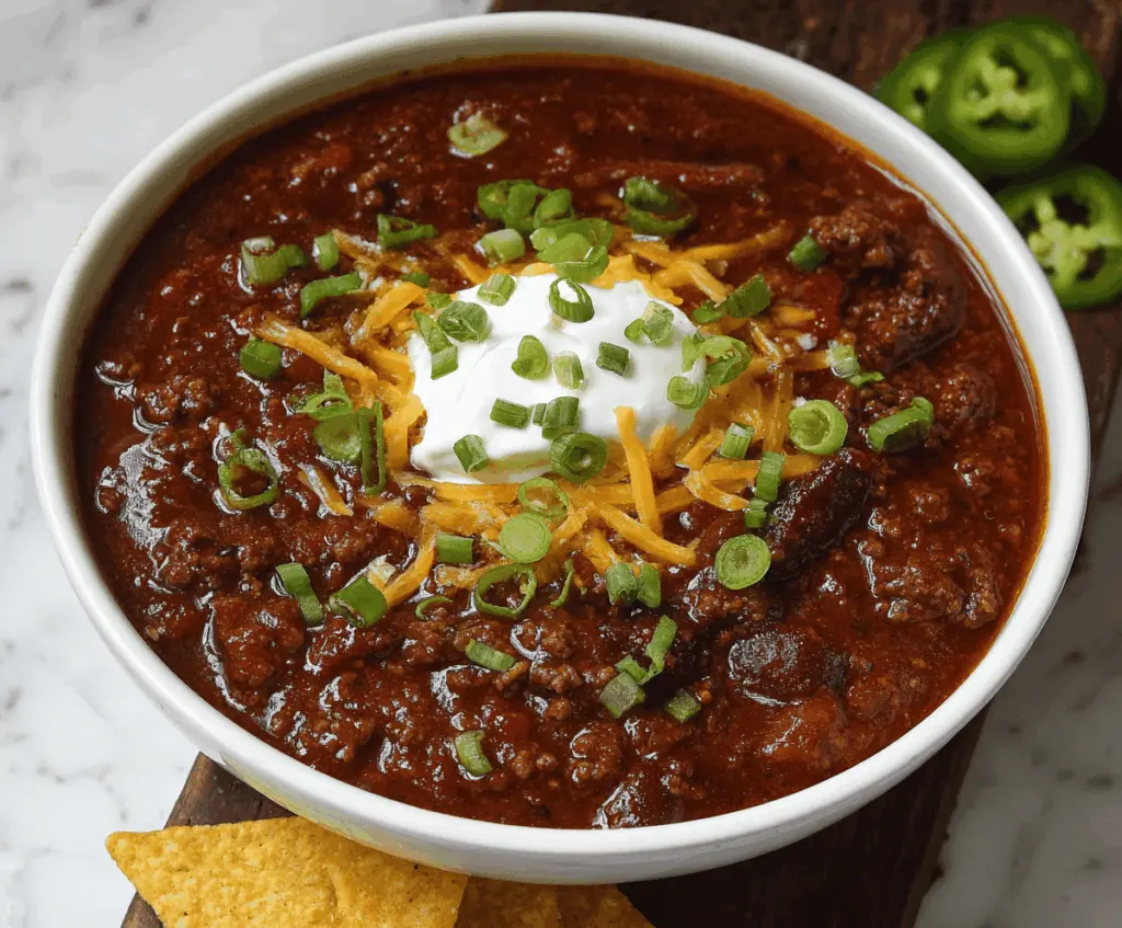 A bowl of hearty classic beef chili topped with shredded cheese, fresh cilantro, and diced onions, served with a side of bread on a rustic table.