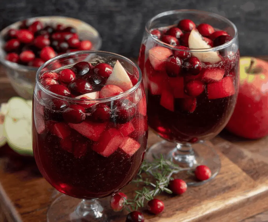 Refreshing cranberry apple sangria in a glass with fresh cranberries, apple slices, and cinnamon sticks, perfect for a cozy fall party