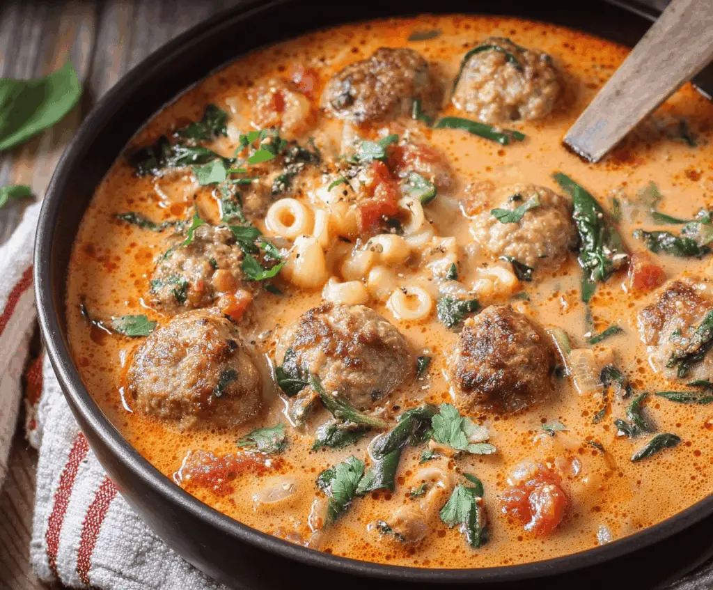 Creamy Italian Meatball Soup with flavorful meatballs, fresh vegetables, and melted cheese in a savory broth, served in a bowl