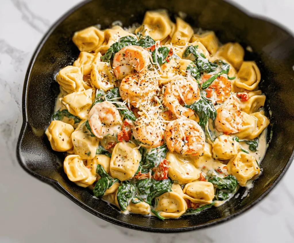Creamy shrimp and spinach tortellini served in a white bowl with fresh basil garnish, showcasing a delicious and flavorful pasta dish