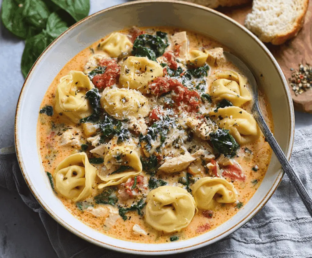 Creamy Tuscan Chicken Tortellini Soup in a bowl with spinach, tomatoes, and herbs, garnished with grated Parmesan cheese
