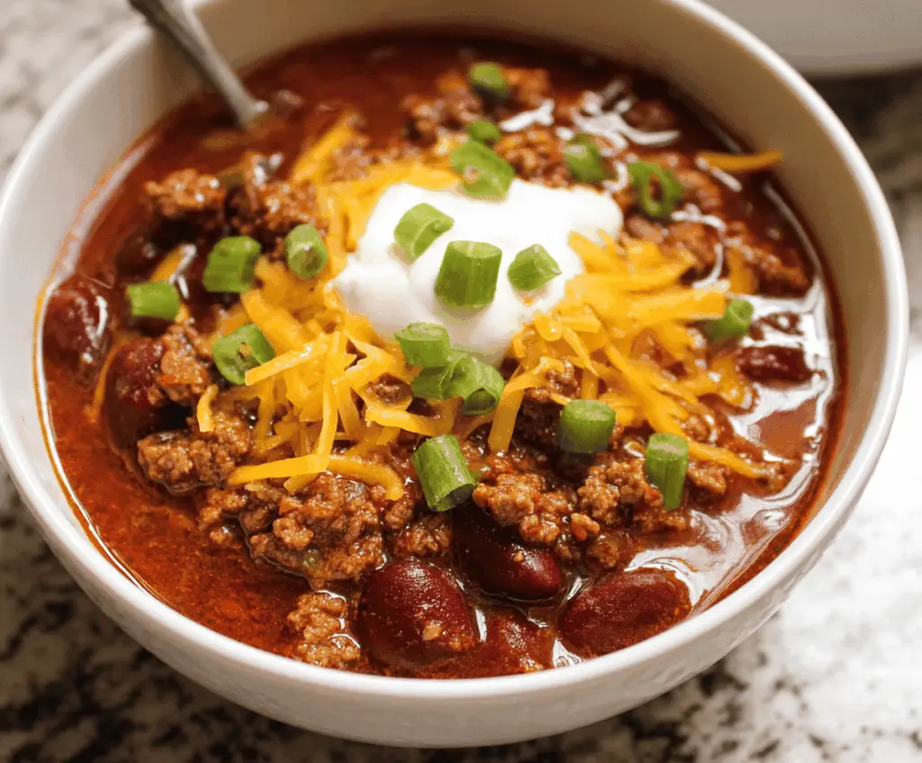 Delicious crockpot chili with ground beef, beans, tomatoes, and spices in a bowl, perfect for a hearty meal