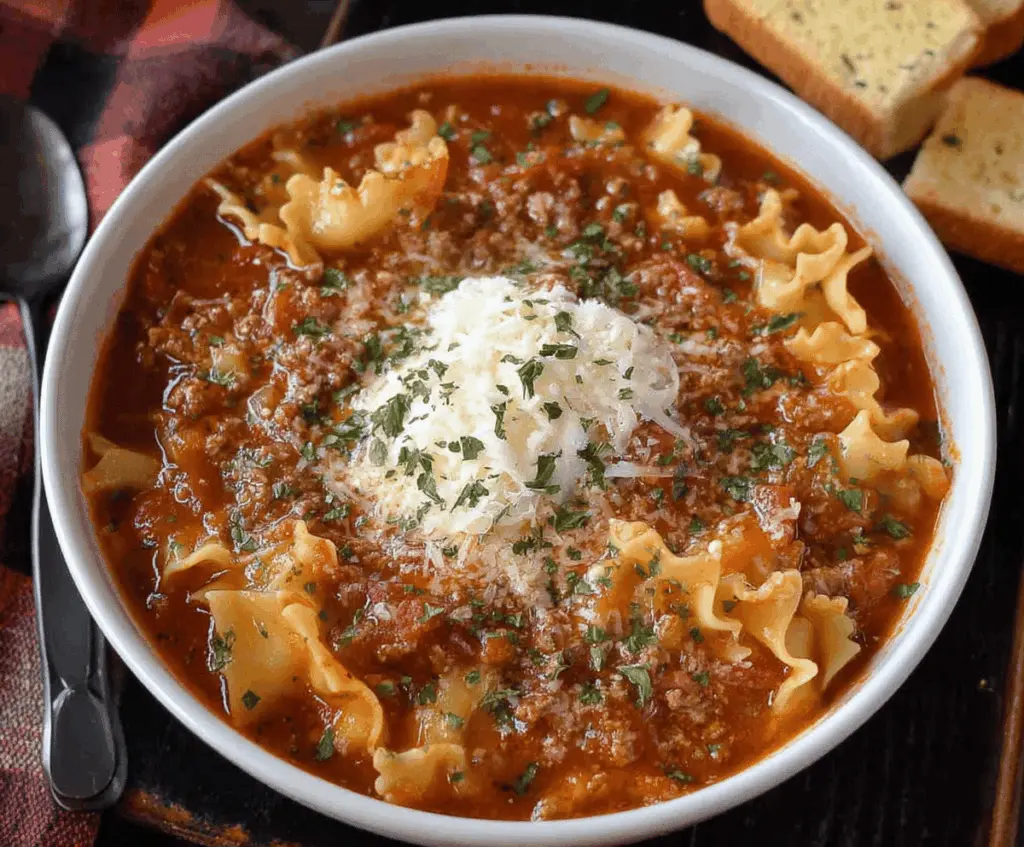 Delicious homemade Crockpot Lasagna Soup in a bowl topped with melted cheese, fresh basil, and a serving spoon ready to enjoy.