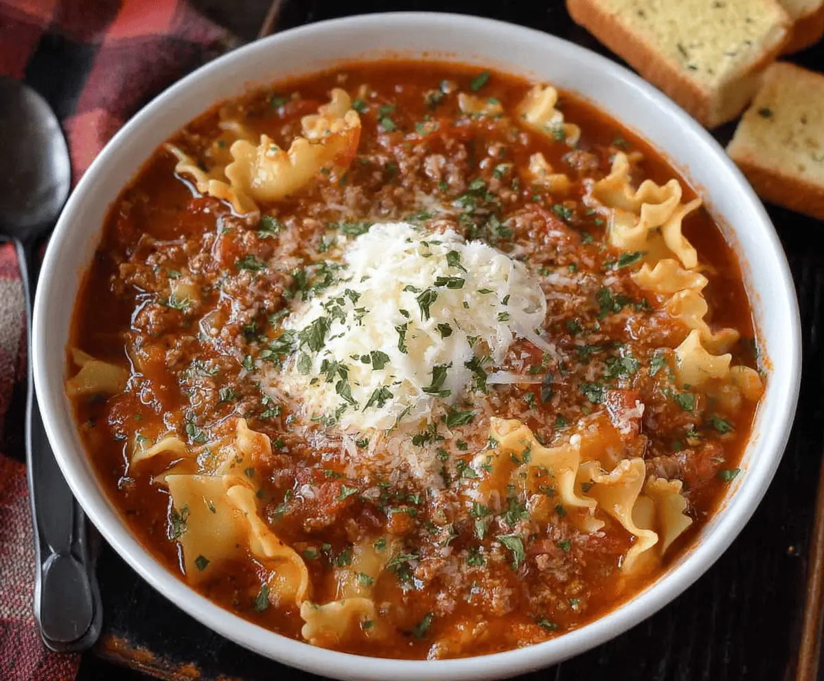 Delicious homemade Crockpot Lasagna Soup in a bowl topped with melted cheese, fresh basil, and a serving spoon ready to enjoy.