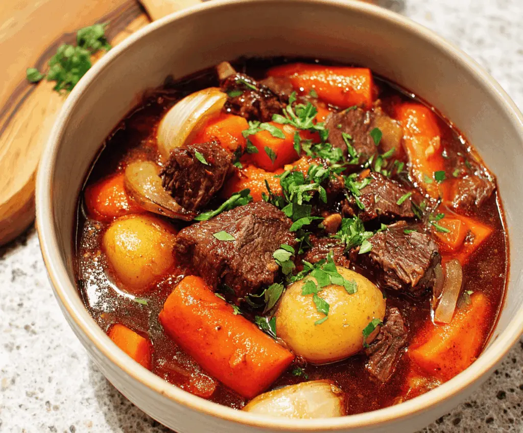 Hearty French Beef Stew with tender beef chunks, carrots, potatoes, and herbs served in a rustic bowl