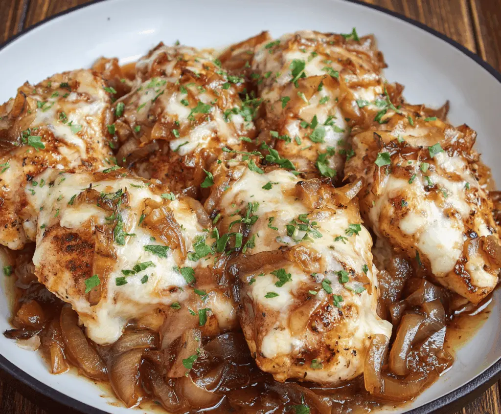 Delicious French Onion Chicken topped with melted cheese and caramelized onions served on a plate
