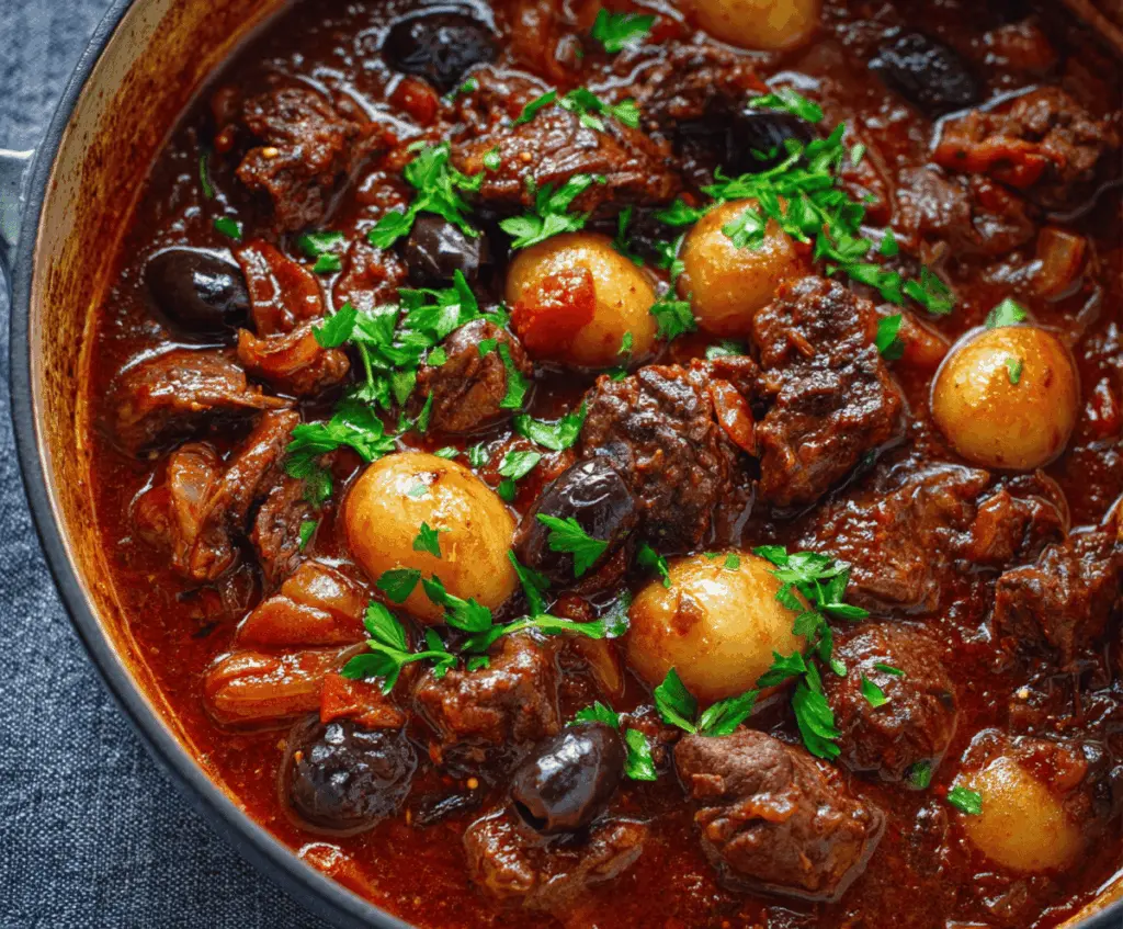 Hearty Greek Beef Stew with tender beef chunks, vegetables, and herbs in a flavorful broth served in a rustic bowl.