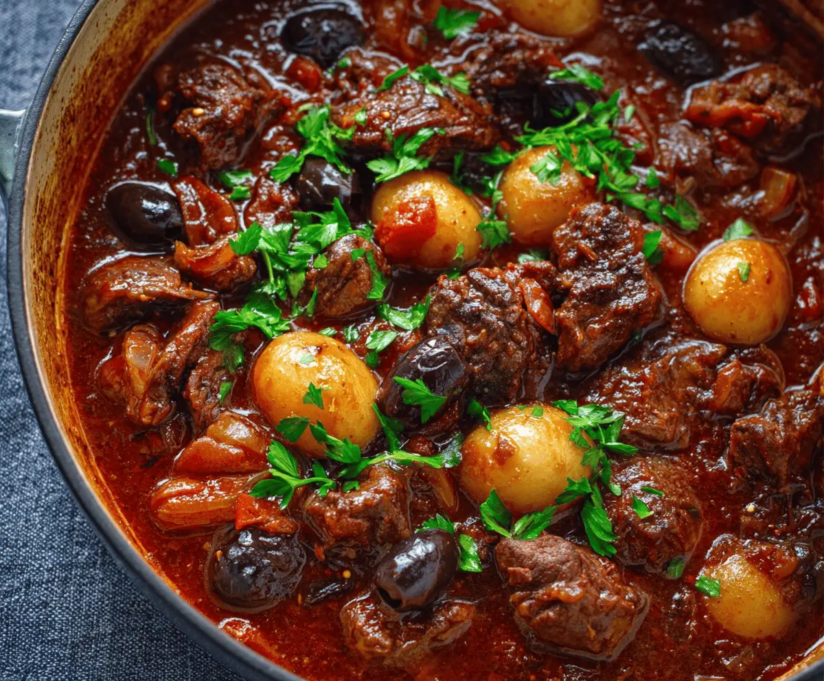 Hearty Greek Beef Stew with tender beef chunks, vegetables, and herbs in a flavorful broth served in a rustic bowl.