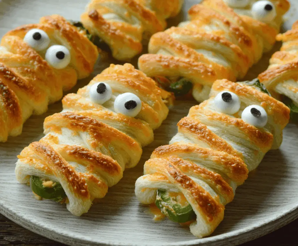 Spooky Halloween Jalapeño Popper Mummies with cream cheese filling and adorable mummy wrapping for festive appetizers
