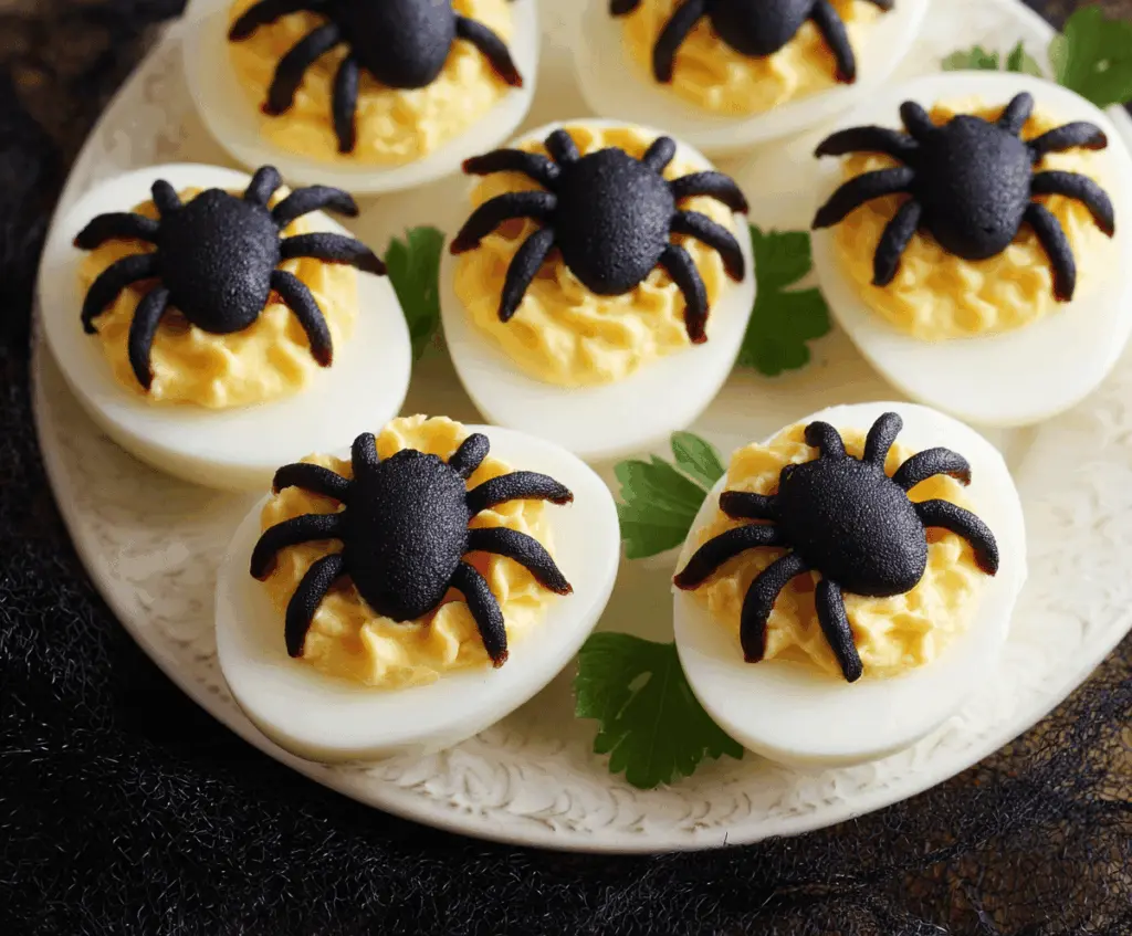 Halloween Spider Deviled Eggs on a spooky platter with spider-shaped toppings, perfect for Halloween parties and festive snacks.
