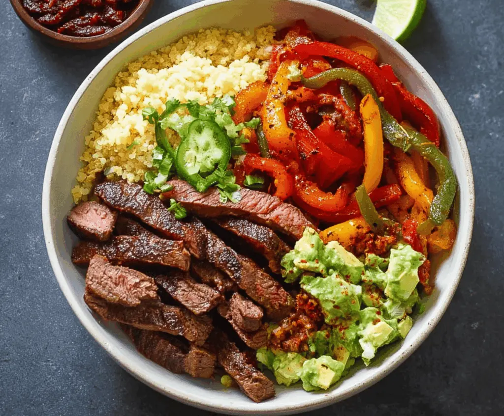 Delicious high protein steak fajita bowl with colorful vegetables, served low carb for a healthy meal