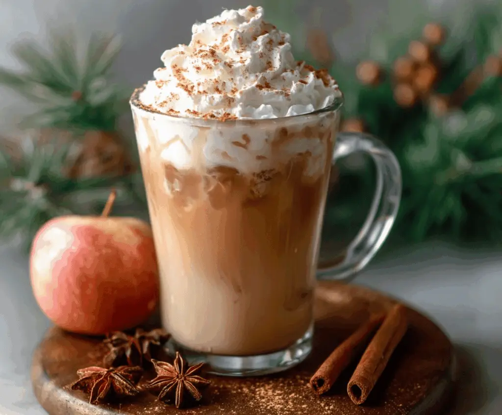 A refreshing Iced Apple Crisp Cream Chai Latte topped with whipped cream and cinnamon, served in a clear glass with ice cubes and apple slices on the side.