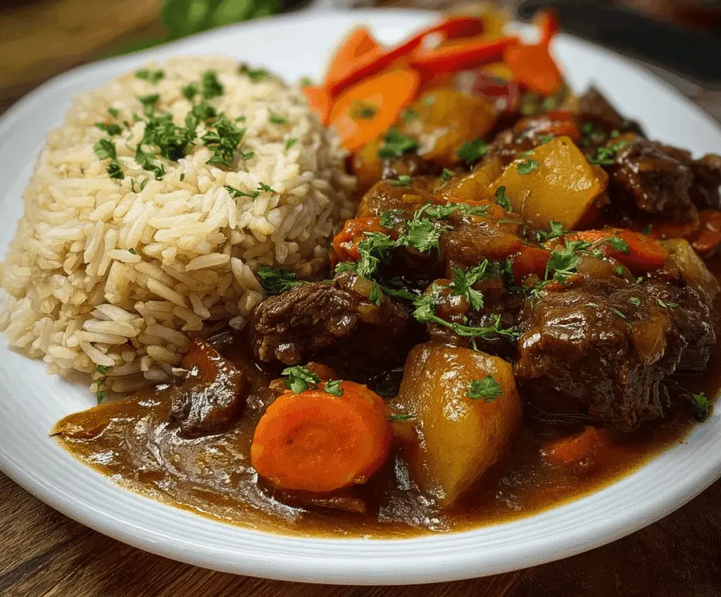 Delicious Jamaican Beef Stew served with fluffy rice, garnished with fresh herbs and vibrant vegetables